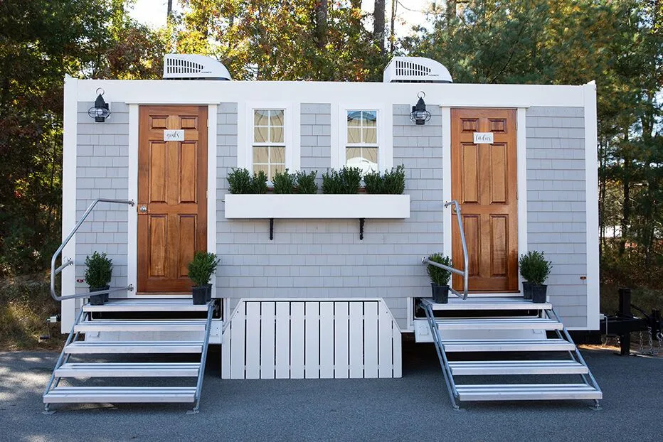 Wedding restroom units discretely staged at a venue in Sacramento, California